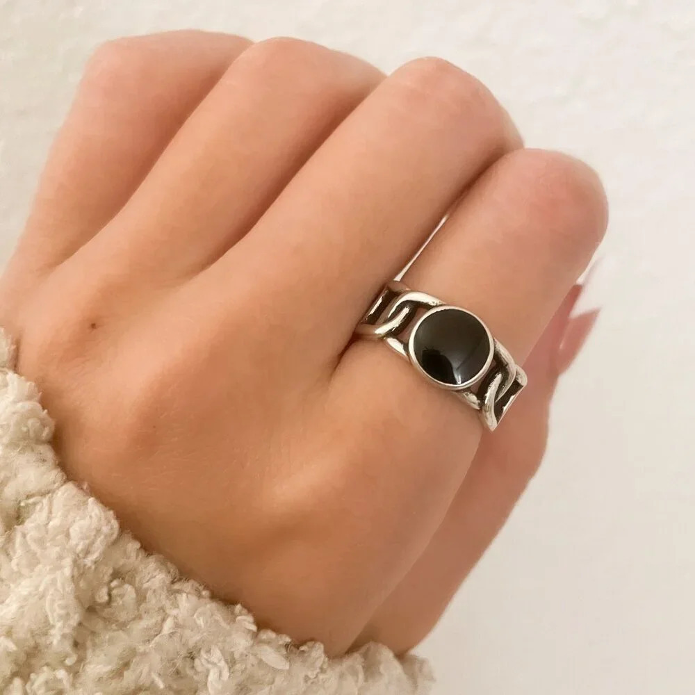 925 Sterling Silver Black Circle Ring Dainty Ring Geometric Minimalist Ring